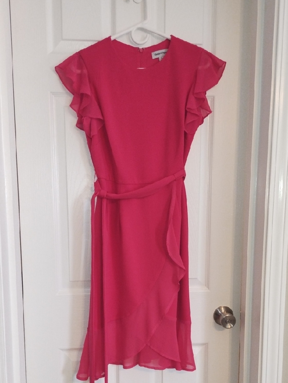 Shelby & Palmer Vibrant Fuchsia Ruffle-Sleeve Tie-Waist Midi Dress